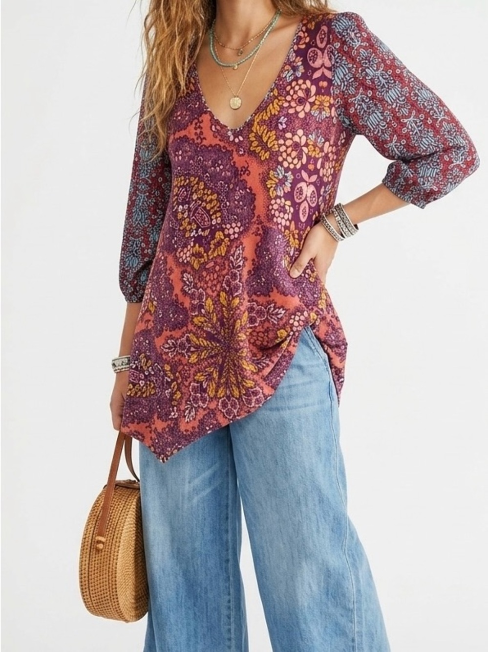 Maeve by Anthropologie Mariella Floral Mixed Print Boho Peasant Tunic Top S